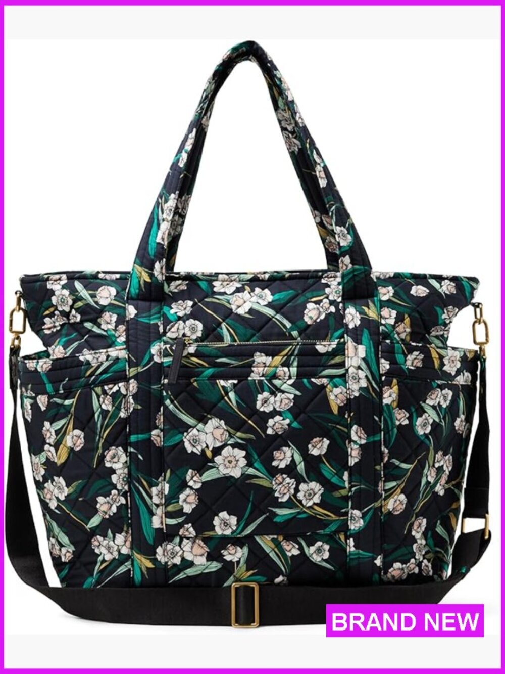 Quilted Cotton Travel Tote Bag with Padded Handles and Crossbody Strap